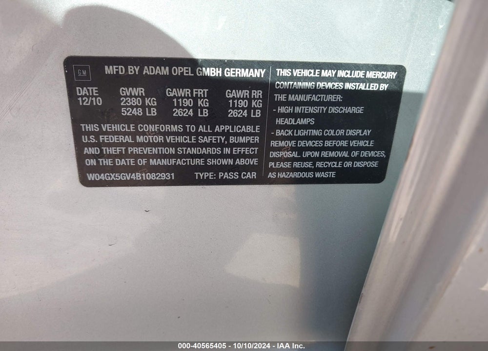 2011 BUICK REGAL CXL TURBO RUSSELSHEIM VIN: W04GX5GV4B1082931