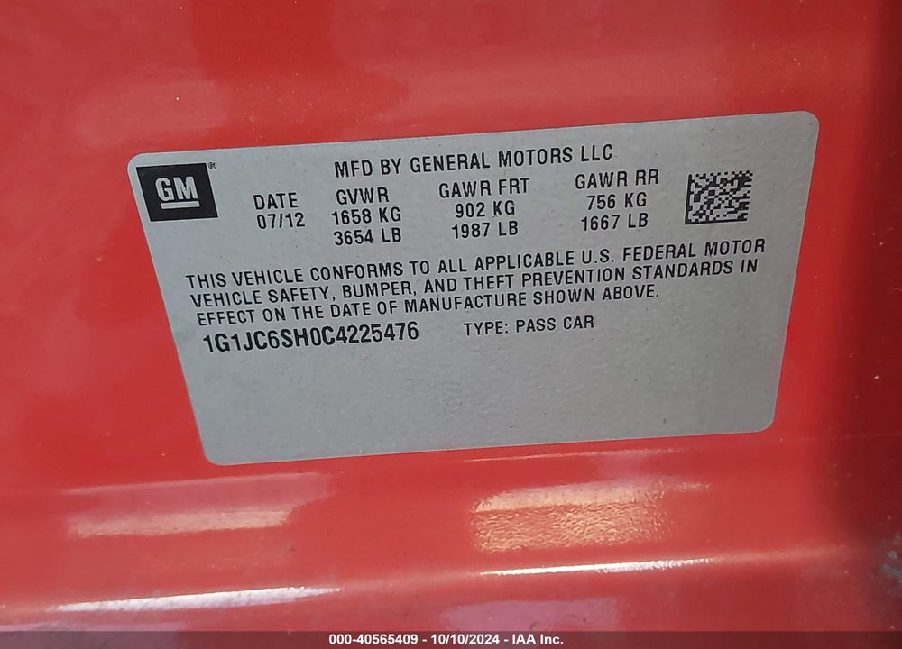 2012 CHEVROLET SONIC VIN: 1G1JC6SH0C4225476