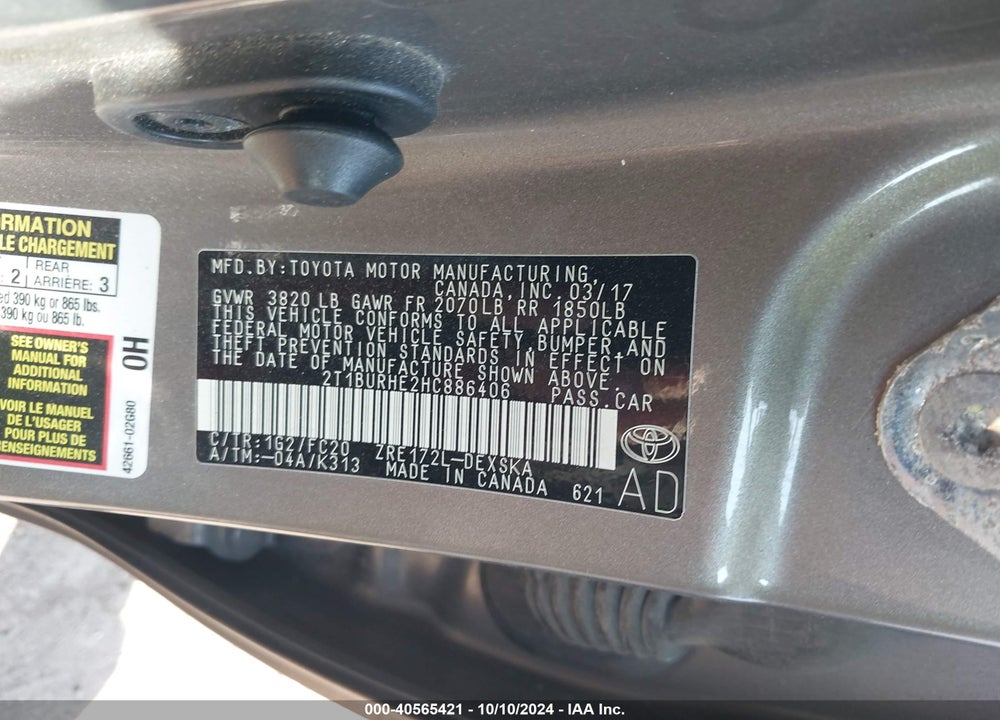 2017 TOYOTA COROLLA SE VIN: 2T1BURHE2HC886406