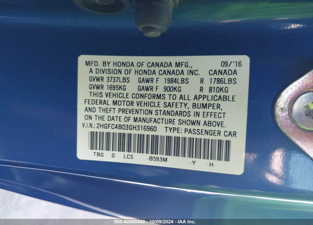2016 HONDA CIVIC LX-P VIN: 2HGFC4B03GH316960