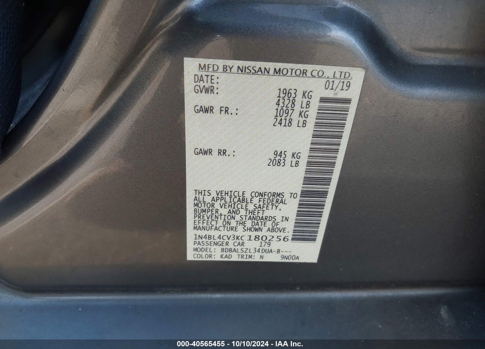 2019 NISSAN ALTIMA 2.5 SR VIN: 1N4BL4CV3KC180256