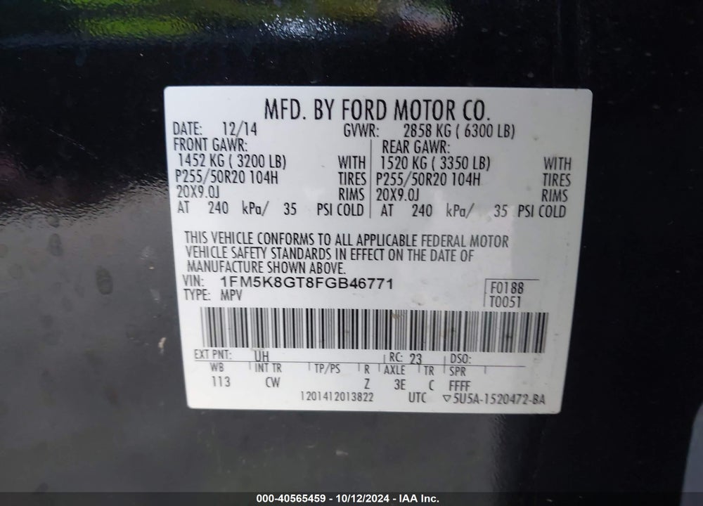 2015 FORD EXPLORER SPORT VIN: 1FM5K8GT8FGB46771