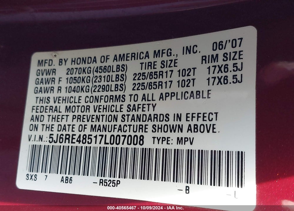 2007 HONDA CR-V EX VIN: 5J6RE48517L007008