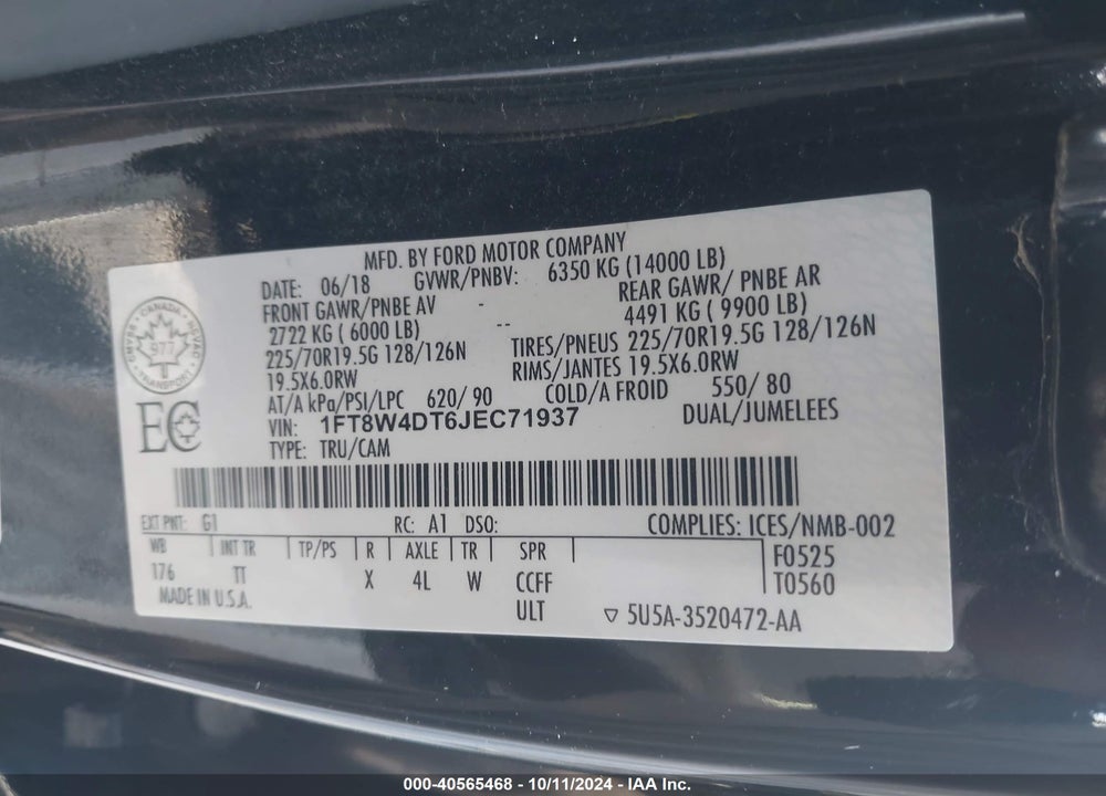 2018 FORD F-450 LIMITED VIN: 1FT8W4DT6JEC71937