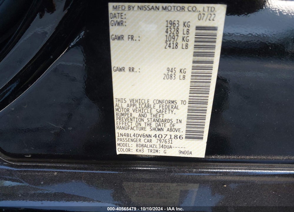 2022 NISSAN ALTIMA SV FWD VIN: 1N4BL4DV6NN407186