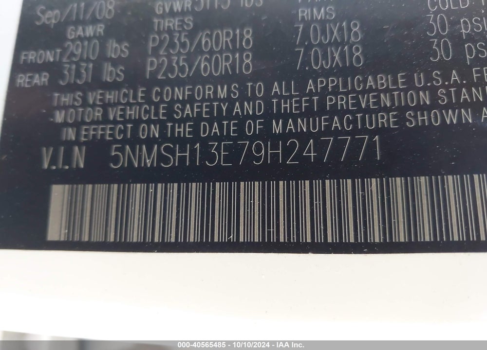 2009 HYUNDAI SANTA FE SE VIN: 5NMSH13E79H247771