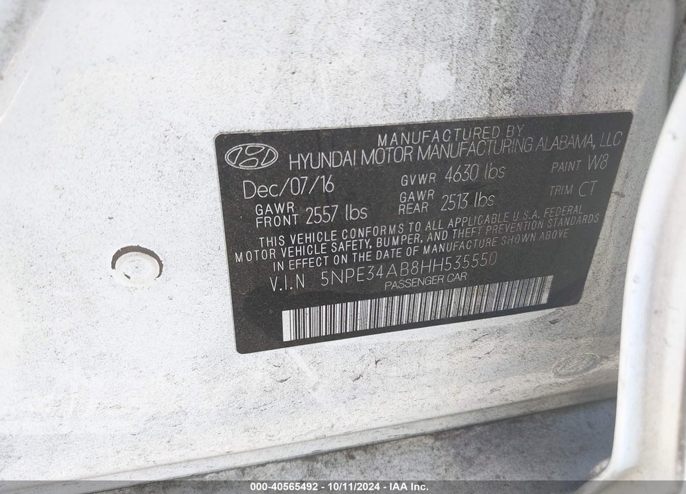 2017 HYUNDAI SONATA SPORT 2.0T VIN: 5NPE34AB8HH535550