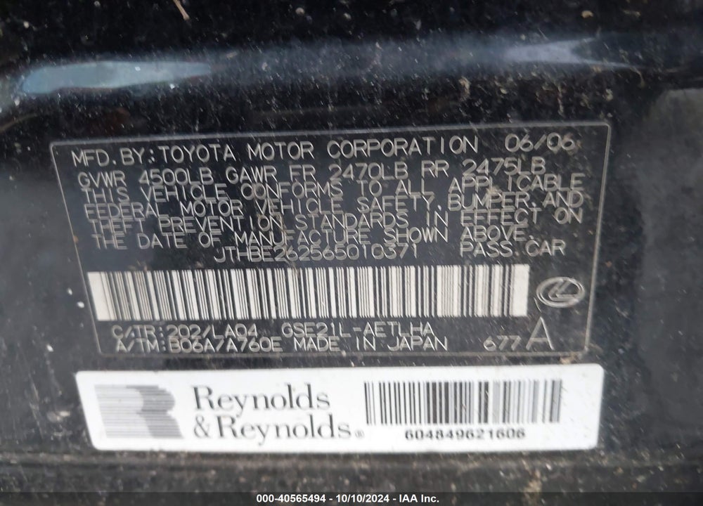2006 LEXUS IS 350 VIN: JTHBE262565010371