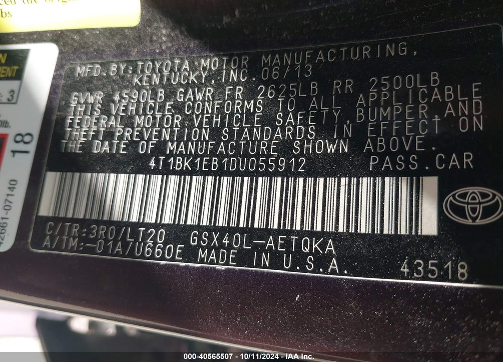 2013 TOYOTA AVALON XLE TOURING VIN: 4T1BK1EB1DU055912