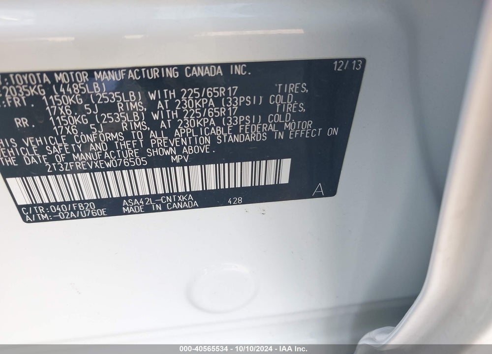 2014 TOYOTA RAV4 VIN: 2T3ZFREVXEW076505