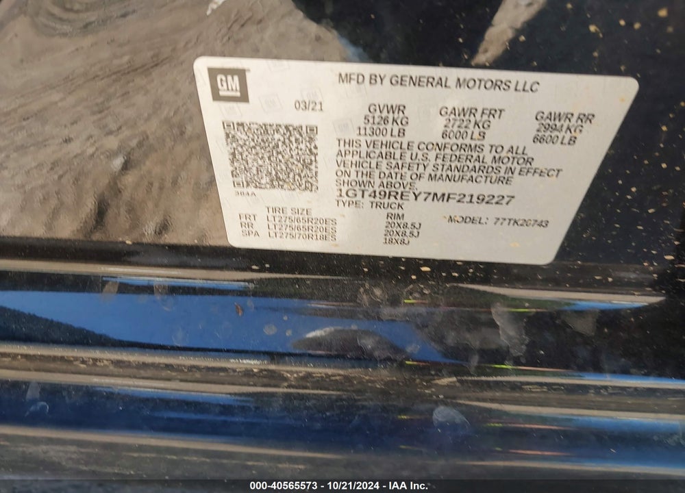 2021 GMC SIERRA 2500HD 4WD  STANDARD BED DENALI VIN: 1GT49REY7MF219227