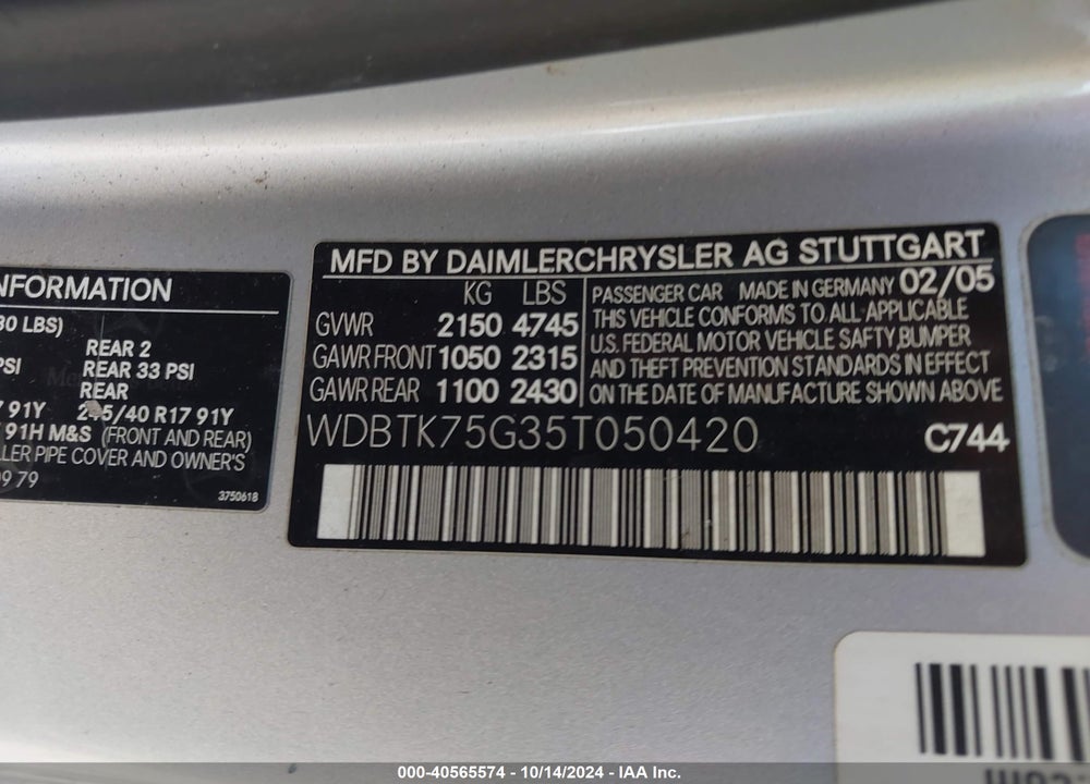 2005 MERCEDES-BENZ CLK 500 VIN: WDBTK75G35T050420