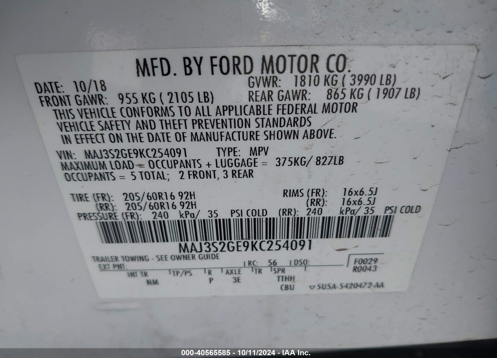 2019 FORD ECOSPORT SE VIN: MAJ3S2GE9KC254091