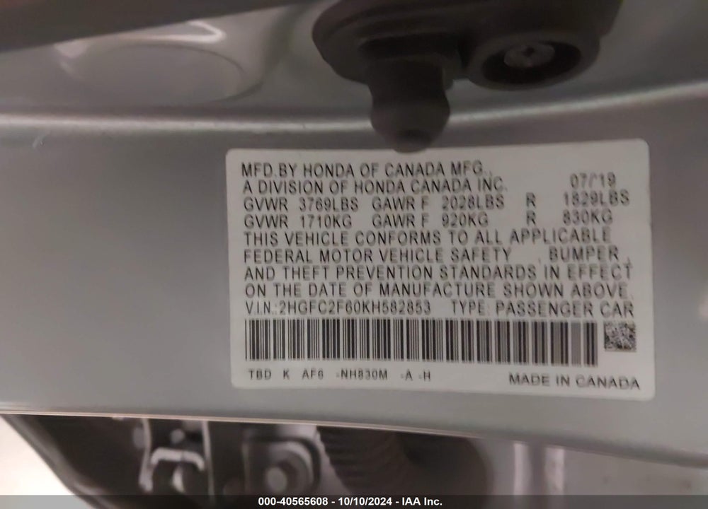 2019 HONDA CIVIC LX VIN: 2HGFC2F60KH582853