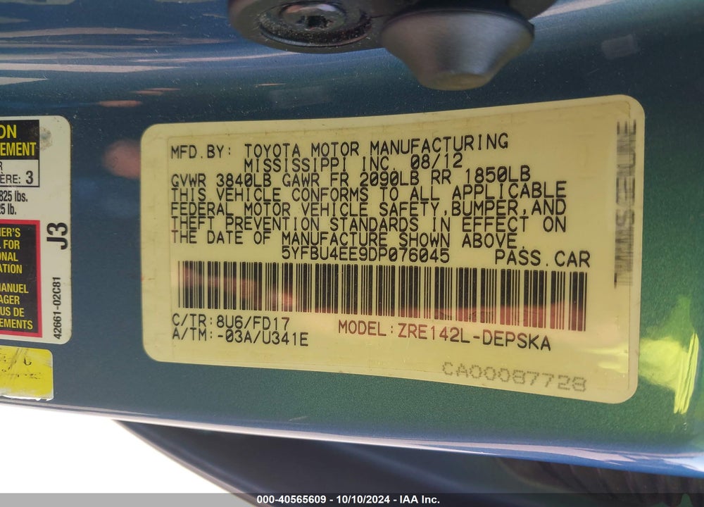 2013 TOYOTA COROLLA S VIN: 5YFBU4EE9DP076045