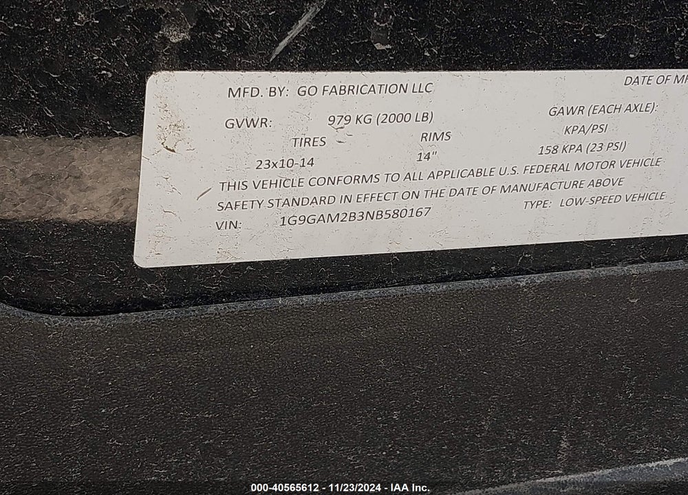 2022 GOLF CART CLUB CAR VIN: 1G9GAM2B3NB580167