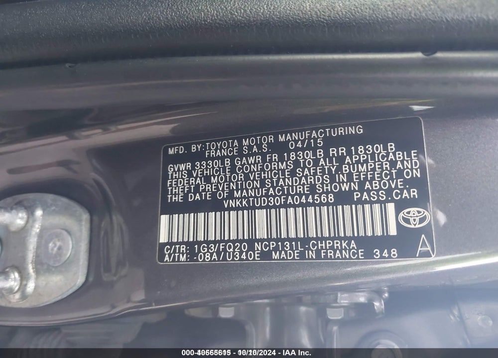 2015 TOYOTA YARIS L VIN: VNKKTUD30FA044568
