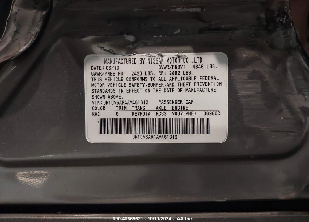 2010 INFINITI G37X VIN: JN1CV6AR4AM461312