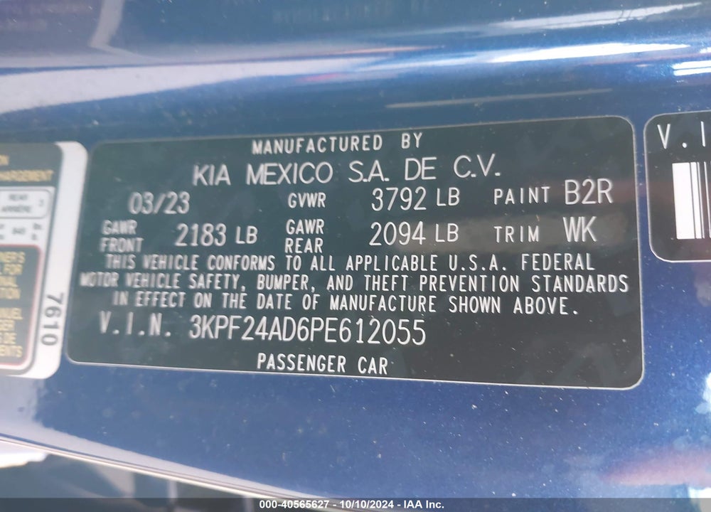 2023 KIA FORTE LXS VIN: 3KPF24AD6PE612055