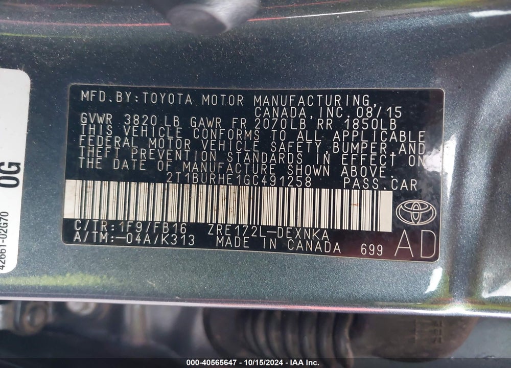 2016 TOYOTA COROLLA LE VIN: 2T1BURHE1GC491258