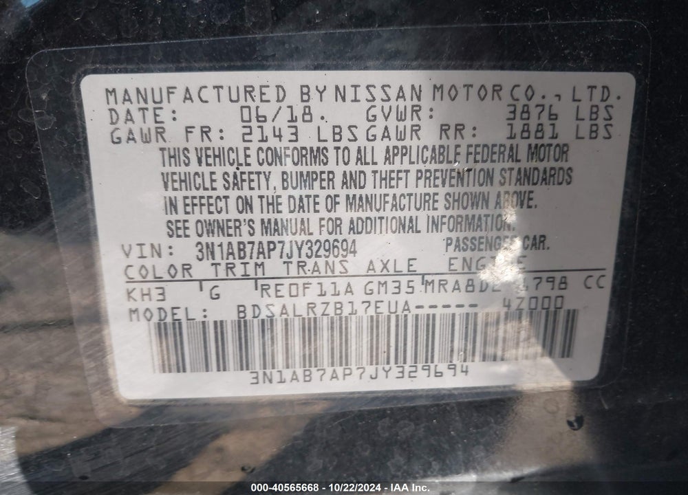 2018 NISSAN SENTRA SR VIN: 3N1AB7AP7JY329694