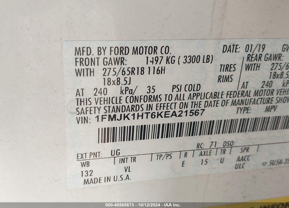 2019 FORD EXPEDITION MAX XLT VIN: 1FMJK1HT6KEA21567