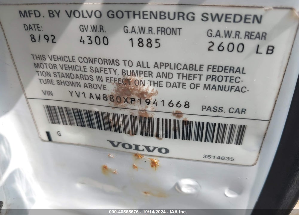 1993 VOLVO 240 VIN: YV1AW880XP1941668