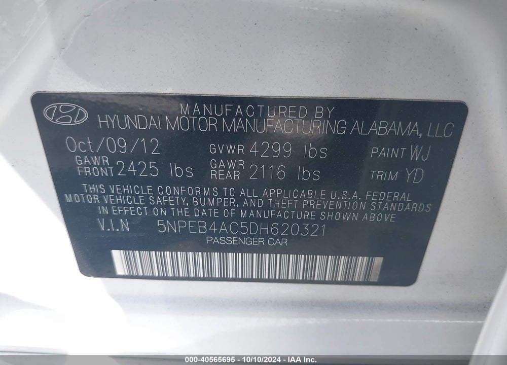 2013 HYUNDAI SONATA GLS VIN: 5NPEB4AC5DH620321