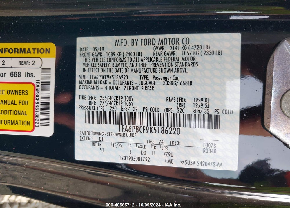 2019 FORD MUSTANG GT PREMIUM VIN: 1FA6P8CF9K5186220