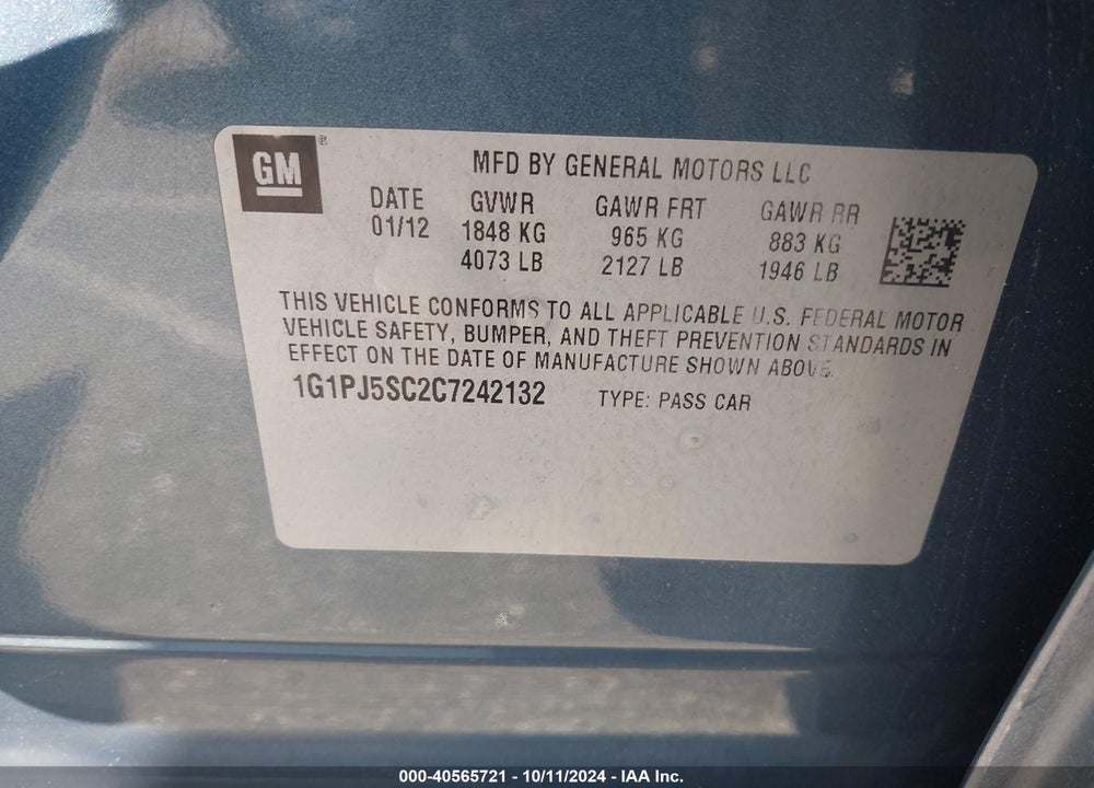 2012 CHEVROLET CRUZE ECO VIN: 1G1PJ5SC2C7242132
