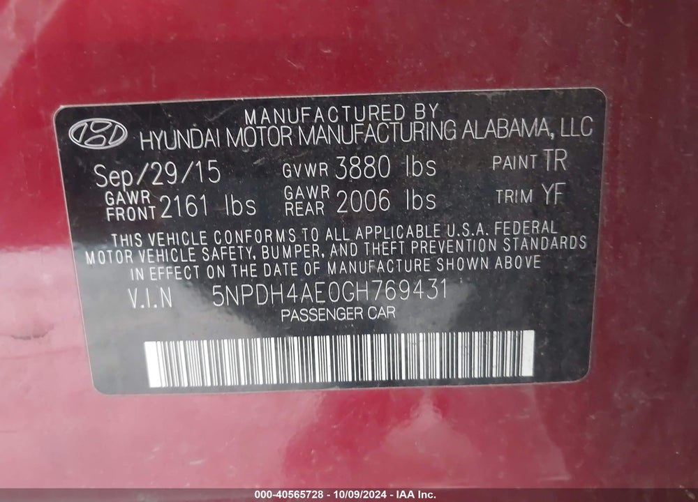 2016 HYUNDAI ELANTRA SE VIN: 5NPDH4AE0GH769431