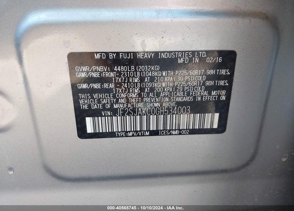 2016 SUBARU FORESTER 2.5I LIMITED VIN: JF2SJAKC0GH534003