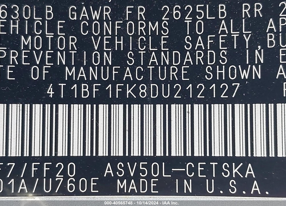 2013 TOYOTA CAMRY SE VIN: 4T1BF1FK8DU212127