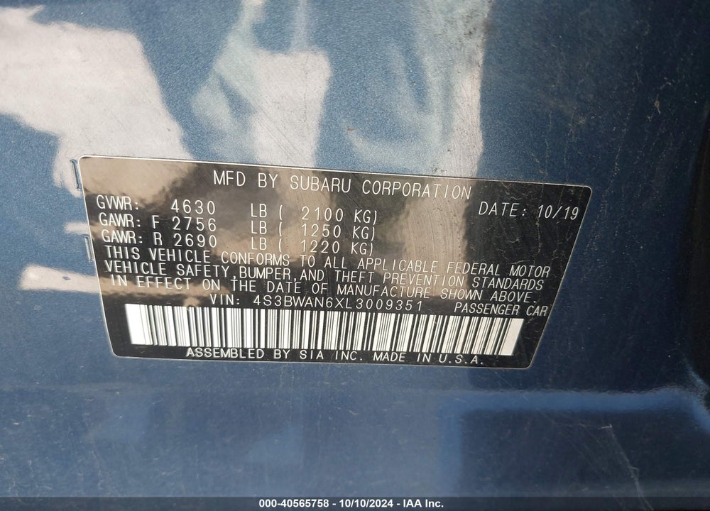 2020 SUBARU LEGACY LIMITED VIN: 4S3BWAN6XL3009351