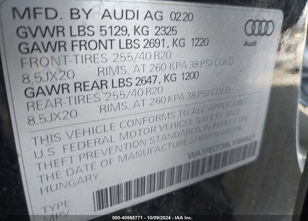 2020 AUDI Q3 PRESTIGE 45 TFSI S LINE QUATTRO TIPTRONIC VIN: WA1FECF39L1088621