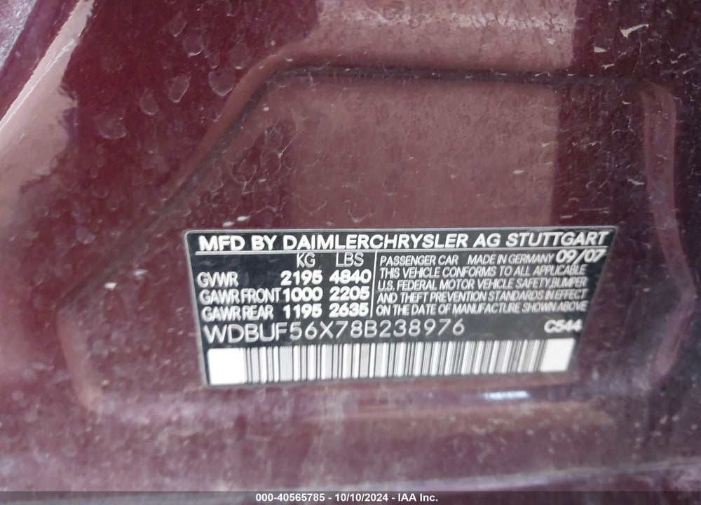 2008 MERCEDES-BENZ E 350 VIN: WDBUF56X78B238976