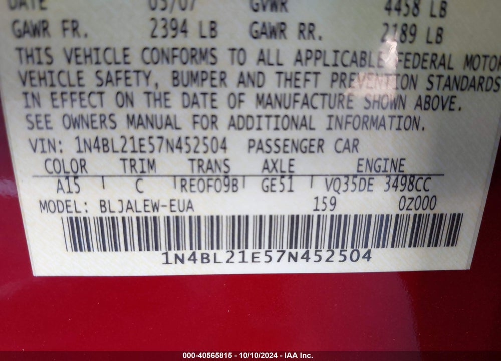 2007 NISSAN ALTIMA 3.5 SL VIN: 1N4BL21E57N452504