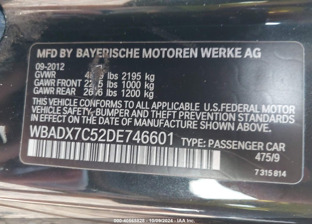 2013 BMW 335I VIN: WBADX7C52DE746601