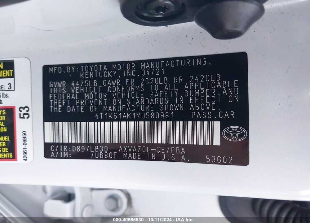 2021 TOYOTA CAMRY XSE VIN: 4T1K61AK1MU580981