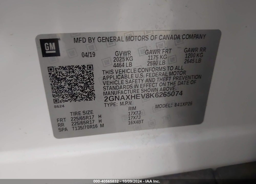 2019 CHEVROLET EQUINOX LS VIN: 2GNAXHEV8K6265074