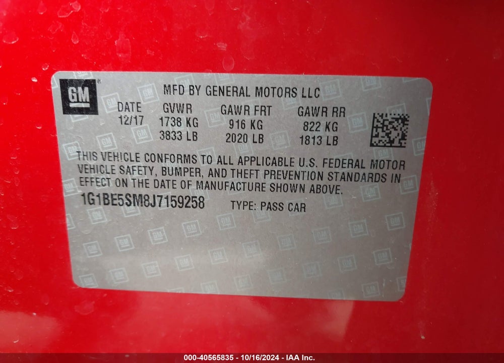 2018 CHEVROLET CRUZE LT AUTO VIN: 1G1BE5SM8J7159258
