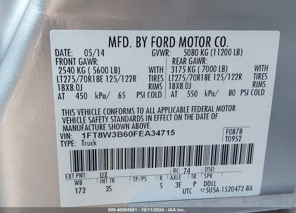 2015 FORD F-350 XLT VIN: 1FT8W3B60FEA34715