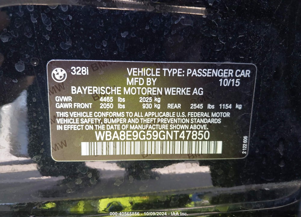 2016 BMW 328I VIN: WBA8E9G59GNT47850