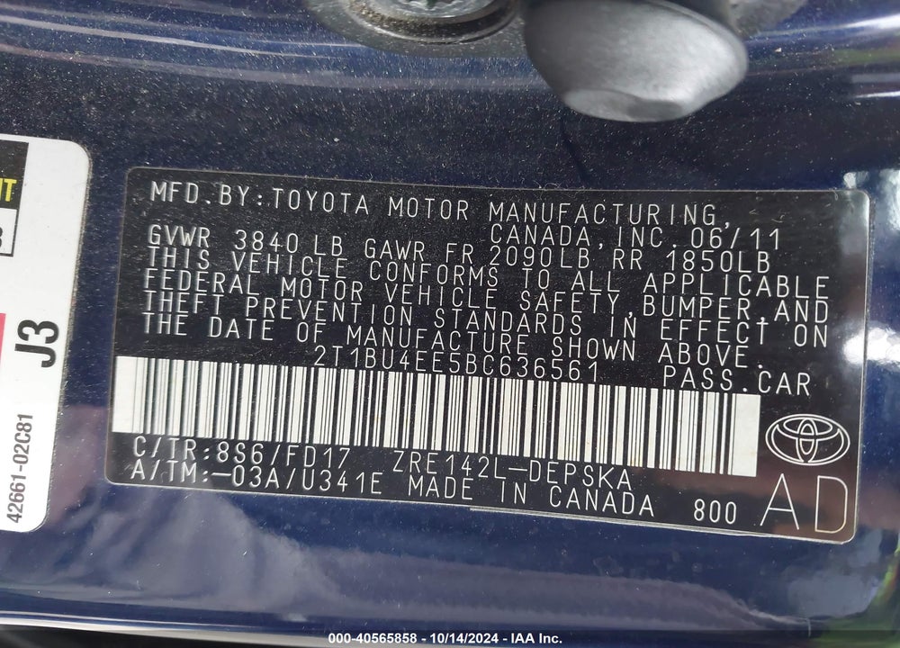 2011 TOYOTA COROLLA S VIN: 2T1BU4EE5BC636561