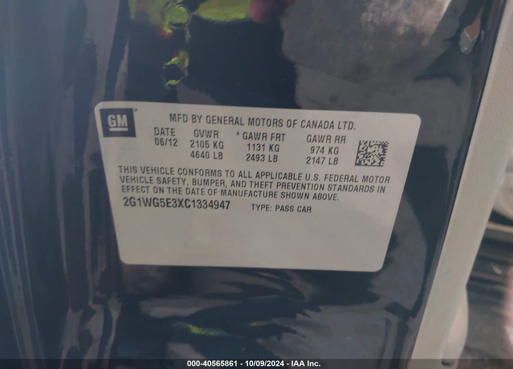 2012 CHEVROLET IMPALA LT VIN: 2G1WG5E3XC1334947