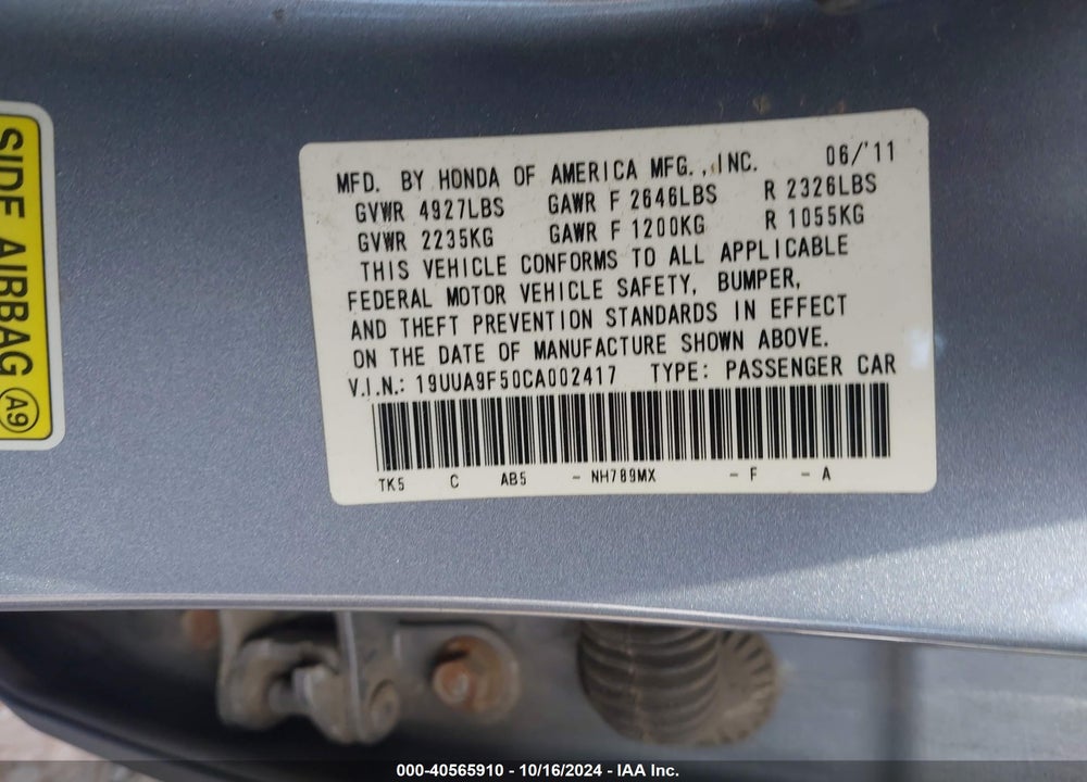 2012 ACURA TL 3.7 VIN: 19UUA9F50CA002417