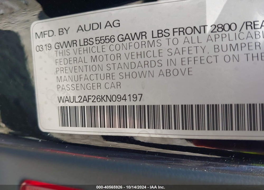 2019 AUDI A6 55 PREMIUM VIN: WAUL2AF26KN094197