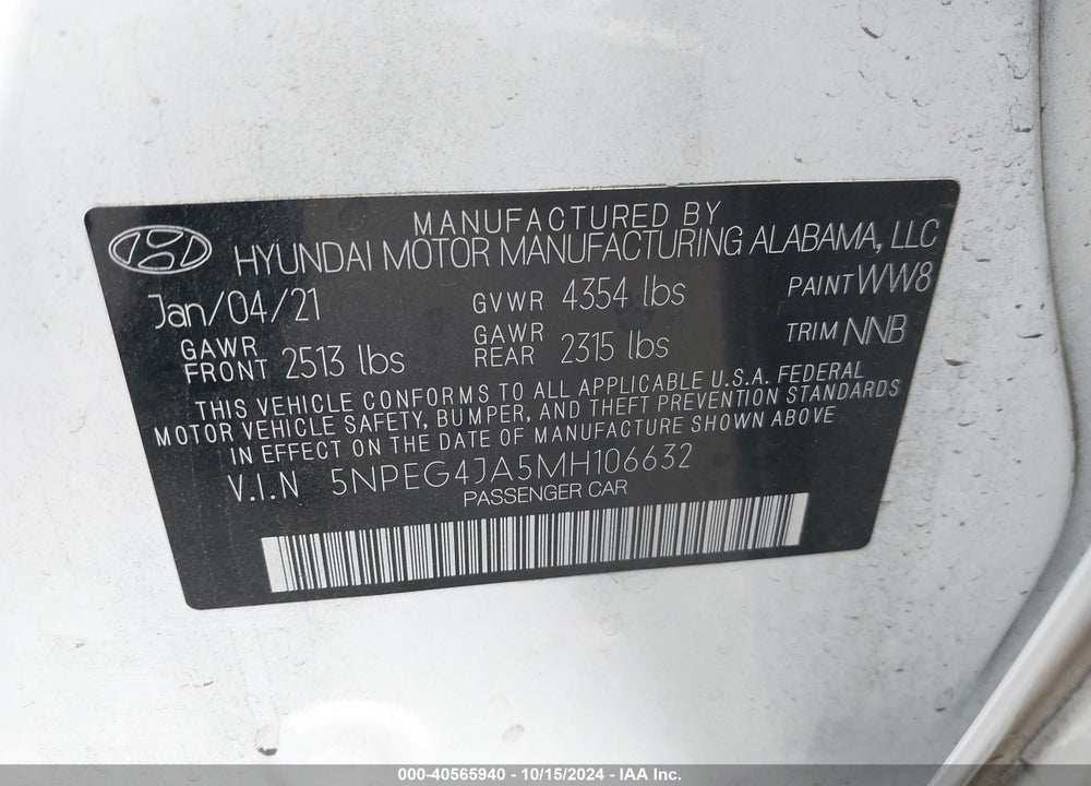 2021 HYUNDAI SONATA SE VIN: 5NPEG4JA5MH106632