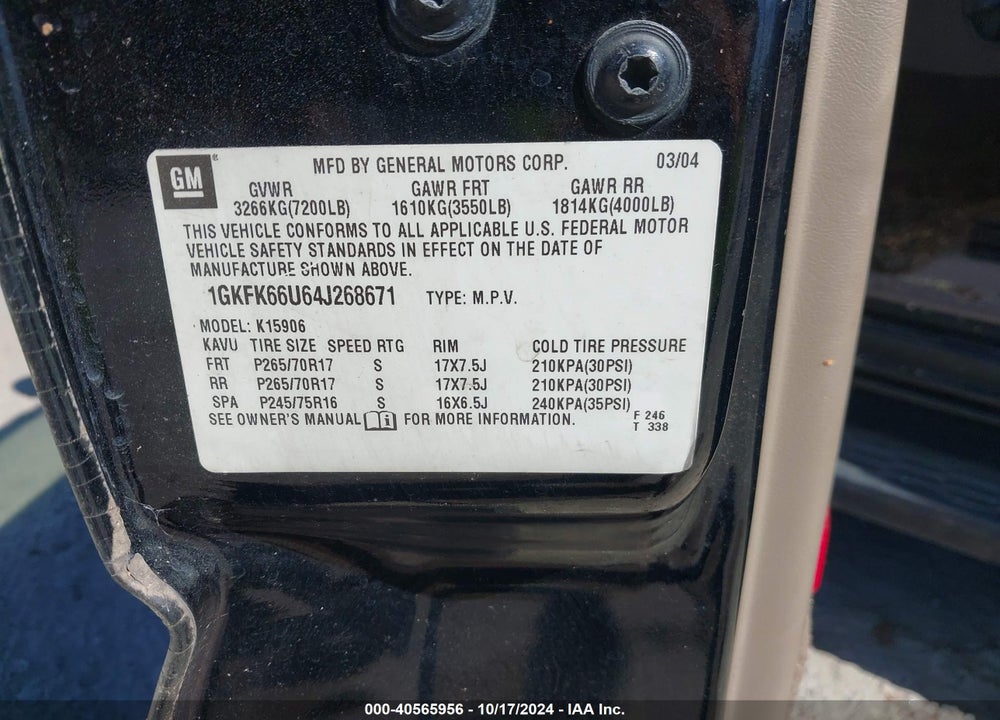 2004 GMC YUKON XL 1500 DENALI VIN: 1GKFK66U64J268671