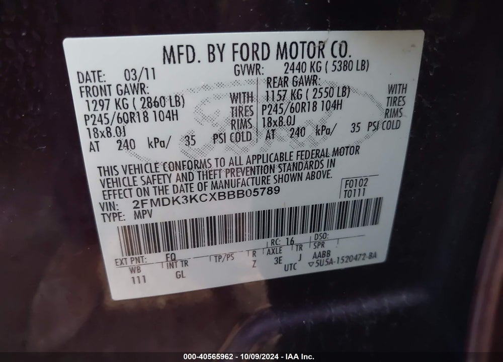 2011 FORD EDGE LIMITED VIN: 2FMDK3KCXBBB05789